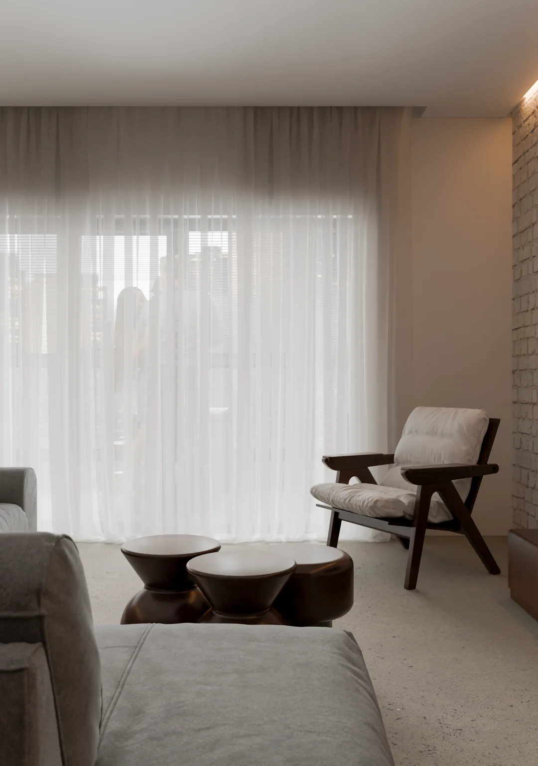 Sala do Apartamento Areia, render de Augusto Cezar; projeto de CoDa Arquitetura.