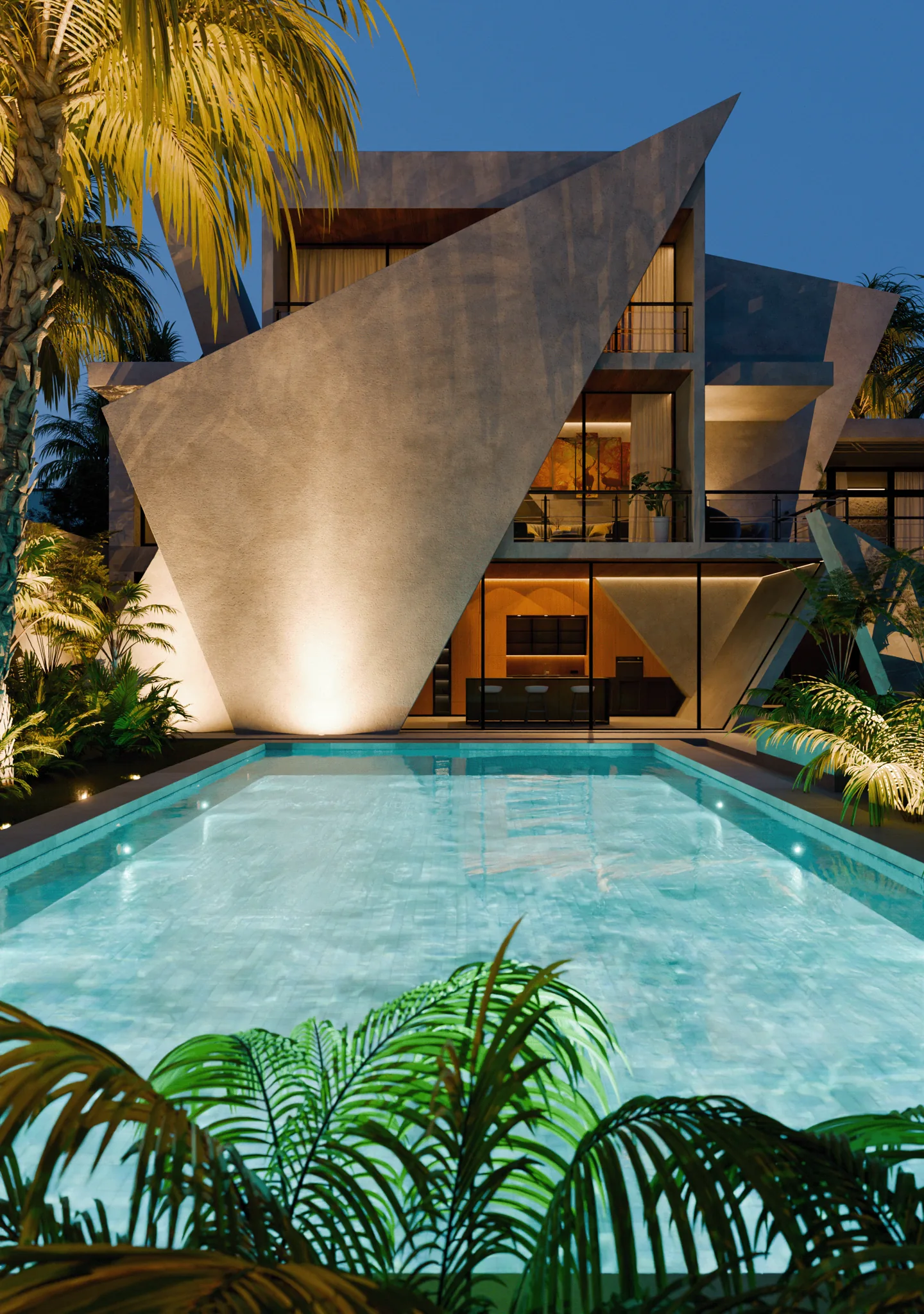 Fachada da Doritos House com piscina e iluminação noturna, render do portfólio de Augusto Cezar.